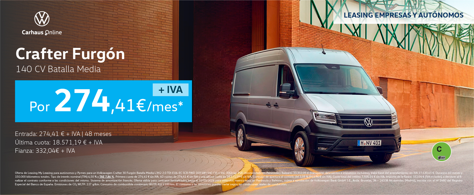 ¡Leasing! Volkswagen Crafter Batalla Media por 274,41€/mes* + IVA